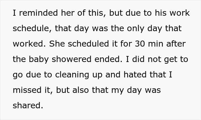 Text excerpt discussing scheduling conflicts during a nephew's baby shower overshadowing the mom&rsquo;s special day.