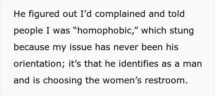 Text excerpt discussing a gay man choosing the women&rsquo;s restroom due to safety and cleanliness concerns.