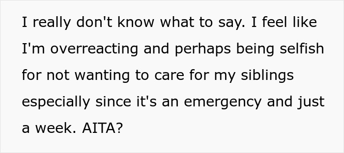 Text on screen expressing uncertainty and guilt about parents and siblings in Austria regarding babysitting during an emergency week. Text on screen expressing uncertainty and guilt about parents and siblings in Austria regarding babysitting during an emergency week.