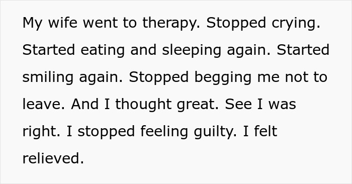 Text describing a man feeling guilty as time passes after ruining his marriage with an online affair.