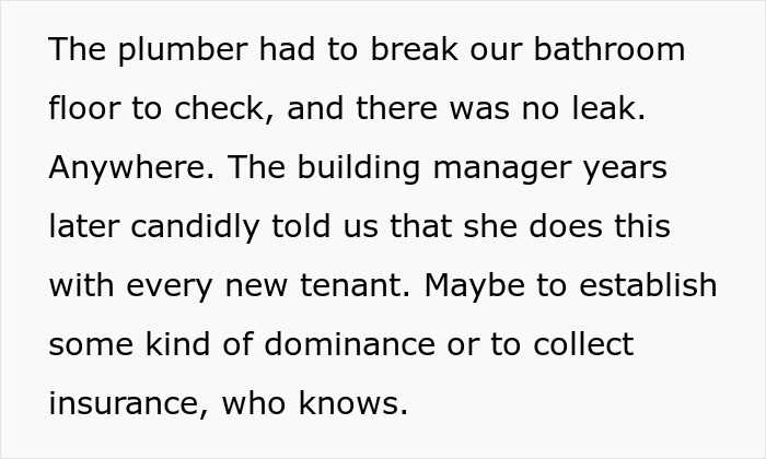 Excerpt showing a story about nosy neighbor trauma involving invasive plumbing checks without leaks found. Excerpt showing a story about nosy neighbor trauma involving invasive plumbing checks without leaks found.