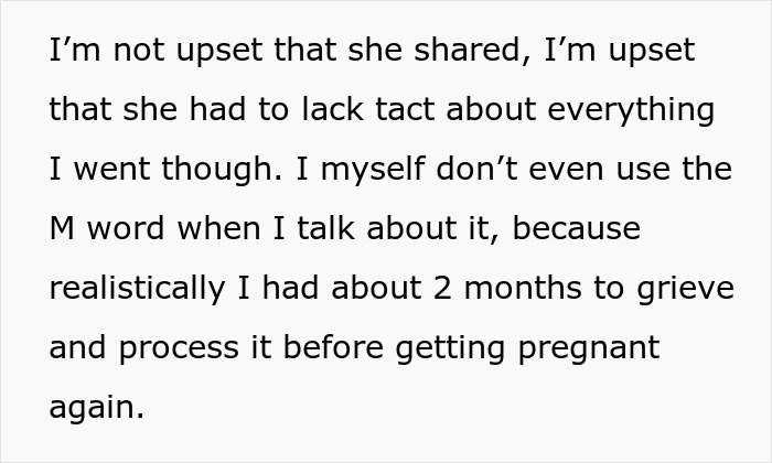 Text excerpt about woman upset with mother-in-law hijacking pregnancy and sharing without tact.