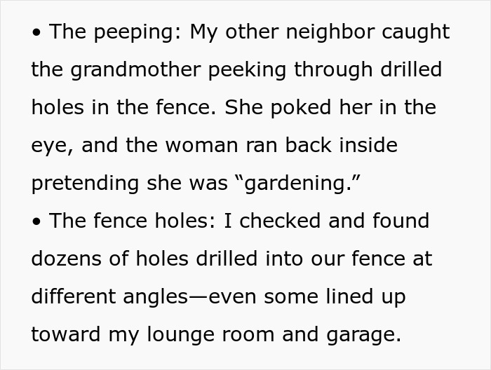 Neighbor admits her mom drilled holes in fence to spy, denying she was taunting the dogs or spying intentionally.