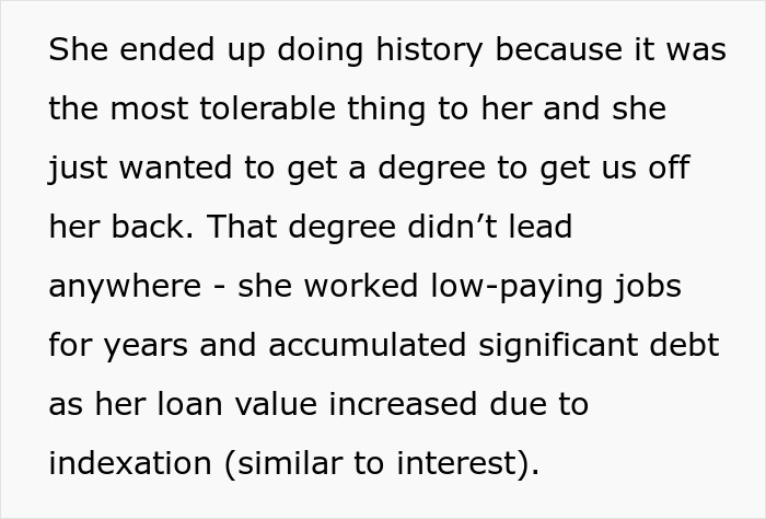 Text about student loans and debt accumulation after working low-paying jobs, related to paying off daughter student loans.