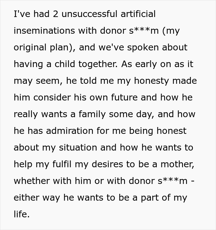 Woman shares her journey with artificial insemination and her strong desire to become a mother while navigating dating challenges.