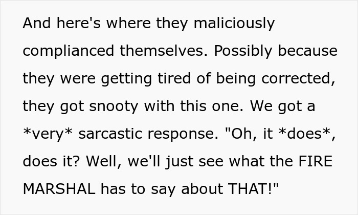 Text excerpt showing sarcastic response in landlord malicious compliance drama about fire marshal involvement.