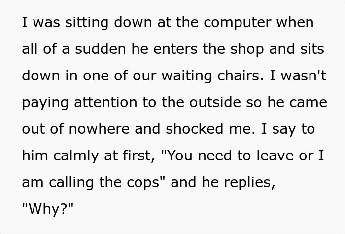 Text excerpt describing a stalker customer unexpectedly entering a shop and the owner warning him to leave or call the cops.