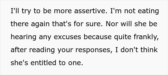Text on white background about being assertive and not eating at a cheap MIL&rsquo;s home after spoiled food and bullying incident.