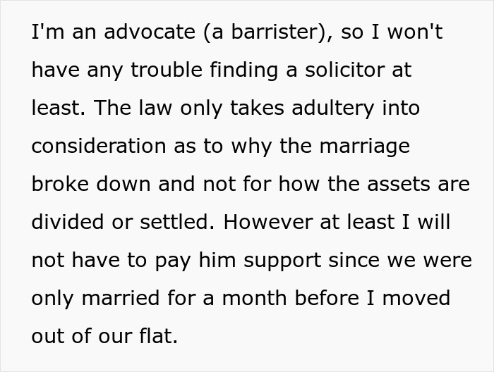 Text excerpt discussing legal advice from a barrister on marriage breakdown and adultery rights after one month of marriage.