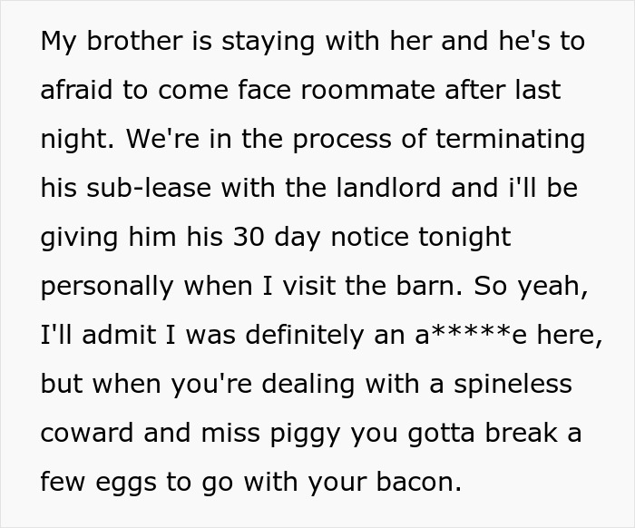 Text from a woman upset over her brother&rsquo;s girlfriend eating food, triggering drama and insults involving Miss Piggy.