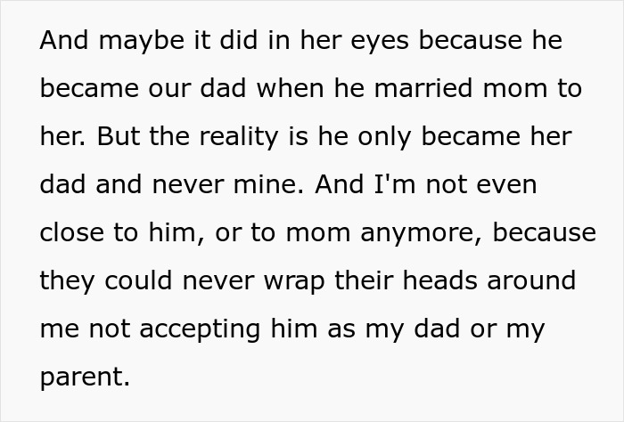 Text discussing a bride refusing to accept mom&rsquo;s husband as her dad and the conflict at the wedding aisle.