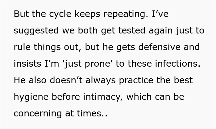 Text showing a partner insisting the other is prone to infections and refusing to get tested, causing concern.