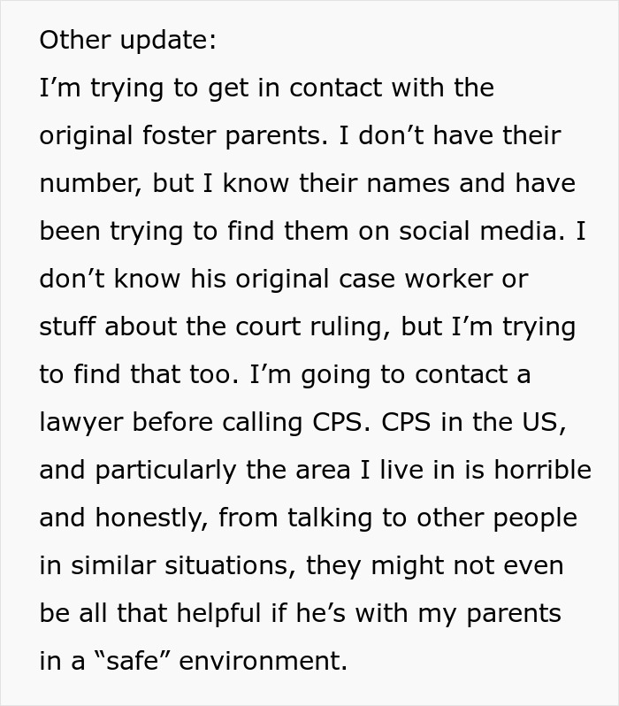 Text update discussing efforts to contact foster parents and legal steps in a single mom abandoning toddler case.