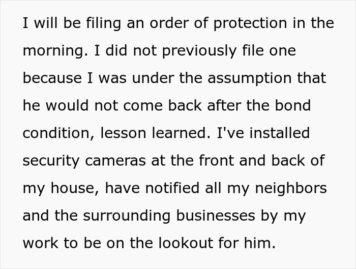 Person explaining plans for protection order and security measures after stalker customer found home and rang doorbell.