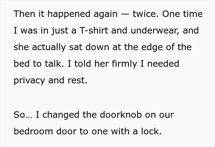 Pregnant daughter-in-law sets a lock on bedroom door to stop creepy mother-in-law from watching her sleep and invading privacy.