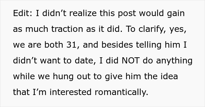 Text post explaining a woman clarifying she was not romantically interested despite a man considering her his girlfriend.