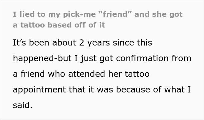 Tattoo inspiration from a lying pick me girl friend, showing a unique and personal ink design story.