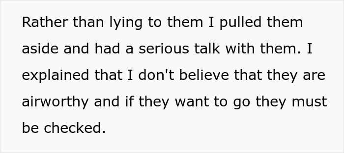 Text excerpt showing a man refusing to let an obese family fly his plane, sparking family drama over airworthiness concerns. Text excerpt showing a man refusing to let an obese family fly his plane, sparking family drama over airworthiness concerns.