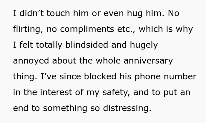 Text excerpt describing a woman feeling blindsided and annoyed after a man considers her his girlfriend and sends an anniversary gift.