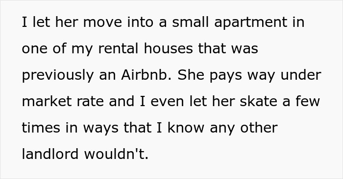 Text showing a parent explaining how they allowed their stepdaughter to live in a rental apartment despite objections from her biological father.