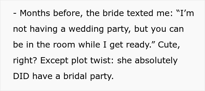 Text showing a bride revealing family favoritism by trying to erase her twin from the wedding preparations.