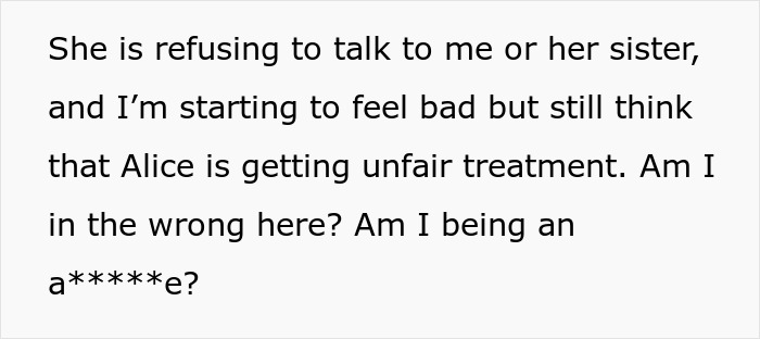 Text expressing concerns about unfair treatment from a mom telling daughter not to buy items deemed too expensive.