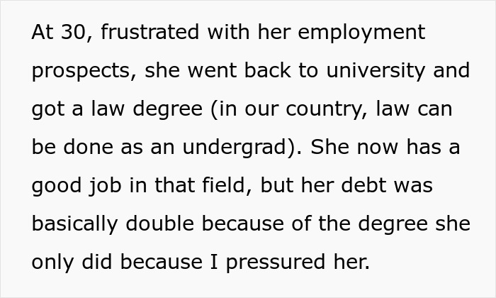 Text excerpt showing a woman&rsquo;s law degree and doubled student debt while paying off daughter student loans.