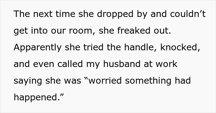 Text describing a creepy MIL who watches pregnant DIL sleep and reacts when a lock is put on the bedroom door.