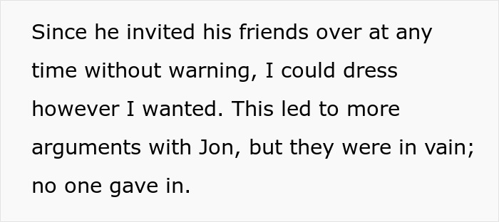 Text excerpt discussing arguments over dressing freely after unannounced visits, involving boxers bothering guests.