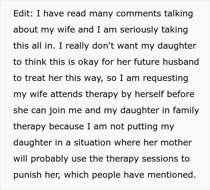 Man explaining telling wife why daughter doesn&rsquo;t trust, emphasizing therapy and family relationship concerns.