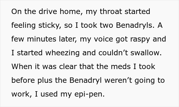 Woman experiences anaphylactic shock after her brother-in-law lied about lunch ingredients, causing severe allergic reaction.