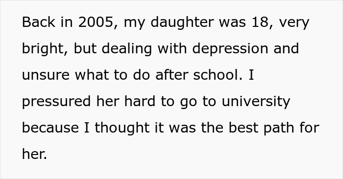 Text describing a parent reflecting on paying off daughter student loans amid challenges with depression and university pressure.