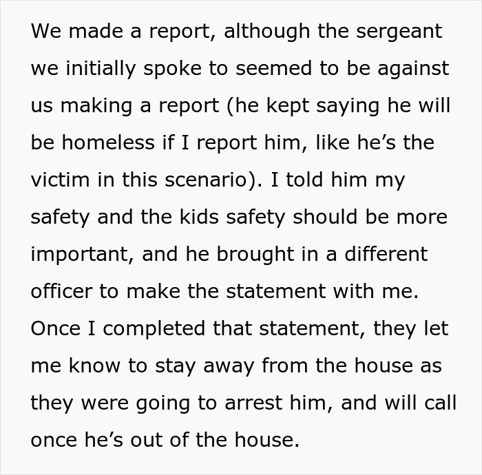 Text from a woman describing reporting her husband to police, emphasizing safety and learning a hard lesson about giving him another chance.