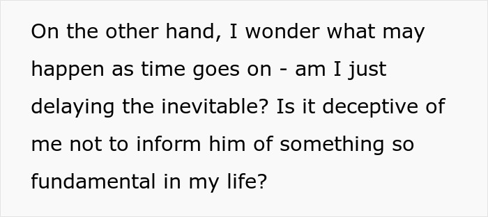 Text discussing a woman debating hiding artificial insemination plans from a date, reflecting on motherhood and honesty.