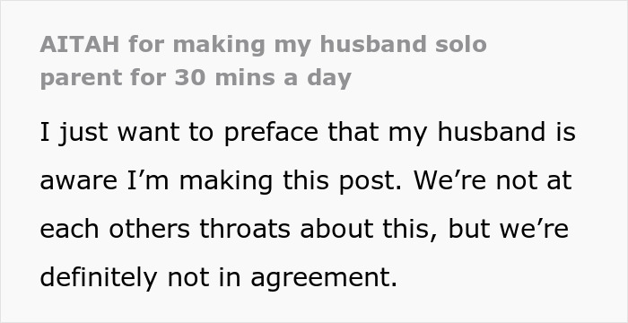 Text post about wife asking husband to watch kids for 30 minutes while she cooks and his intense reaction. Text post about wife asking husband to watch kids for 30 minutes while she cooks and his intense reaction.