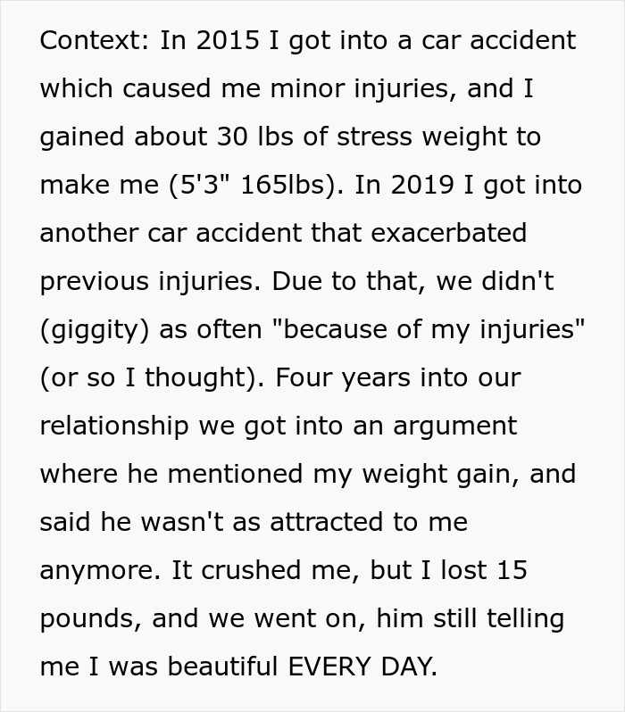 Text excerpt explaining relationship struggles after accidents, weight gain, and arguments, featuring man breaks up with girlfriend.