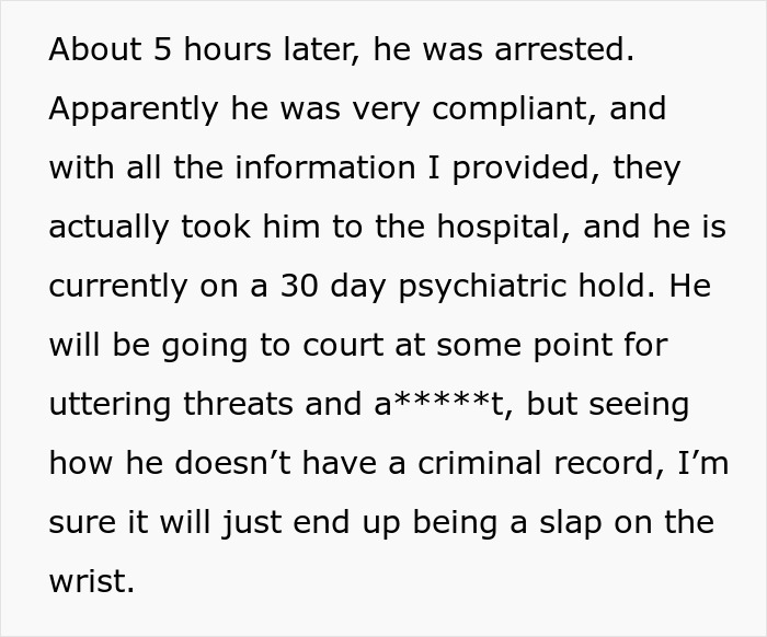 Text excerpt discussing arrest, hospital psychiatric hold, and legal consequences related to a woman giving husband another chance lesson.