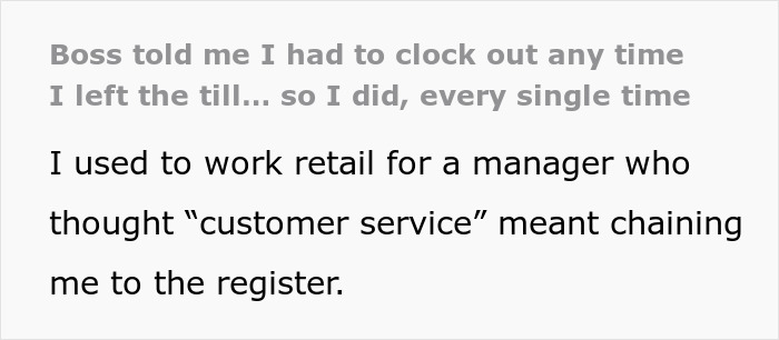 Text post about boss demanding employee clock out for every break, sharing retail work frustration with strict manager rules.