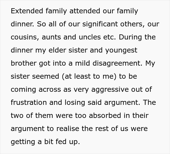Text excerpt describing a family dinner where the eldest sister’s promiscuous past is revealed after mocking youngest brother’s virginity. Text excerpt describing a family dinner where the eldest sister’s promiscuous past is revealed after mocking youngest brother’s virginity.