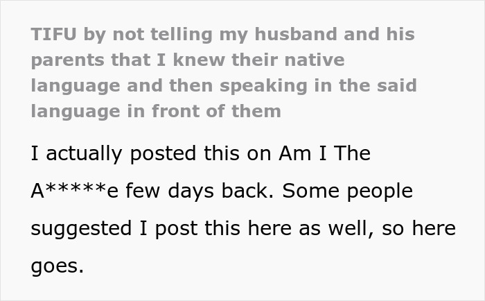 Text excerpt showing a story about not telling husband and parents about knowing their native language and speaking it around them.