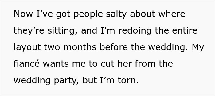 Bride stuck between loyalty and trust after bridesmaid leaks wedding seating chart, causing guest offense.