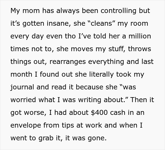 Daughter bolts up room after mom steals underwear and accuses her of hiding immoral things in a controlling home.