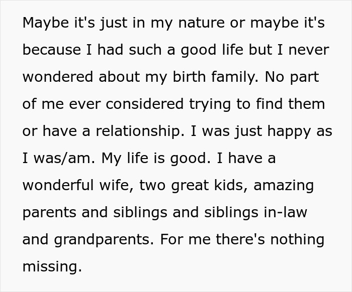 Text excerpt about man&rsquo;s birth family who abandoned him and his decision to not connect despite their efforts.