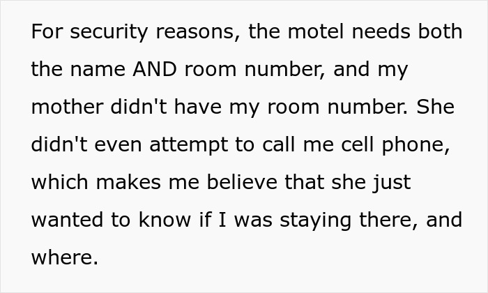 Text excerpt discussing motel security measures and suspicion related to mother in a mother-poisoned-me context.