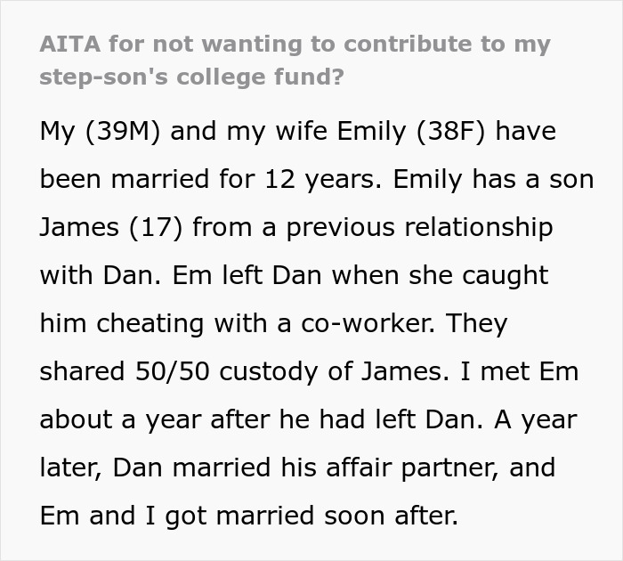 Man denies contributing to stepson&rsquo;s college fund, sparking family tension over financial responsibilities and blended family dynamics.