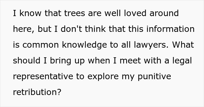 Text discussing legal advice on punitive retribution related to neighbor cutting down white oak trees without permission.