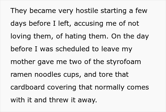 Text describing a hostile mother who gave poisoned styrofoam ramen noodles before the person left home.