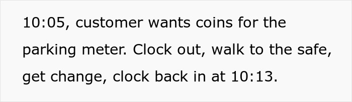 Text on screen showing employee clocking out and back in during breaks after boss demands it.