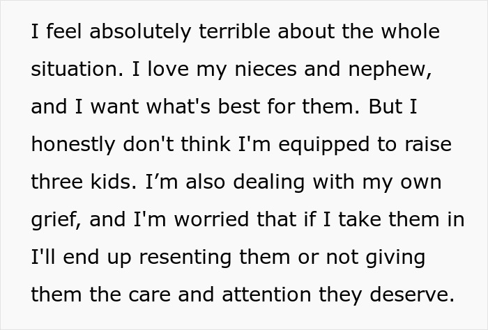 Text discussing a woman’s struggle with raising her late sister’s children, dealing with grief and her feelings about motherhood. Text discussing a woman’s struggle with raising her late sister’s children, dealing with grief and her feelings about motherhood.