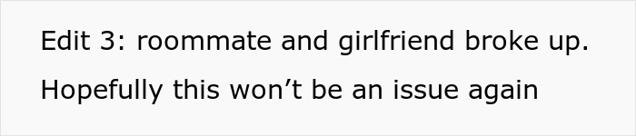 Text stating roommate and girlfriend broke up, hoping issue with kid sleeping in roommate&rsquo;s bed is resolved.